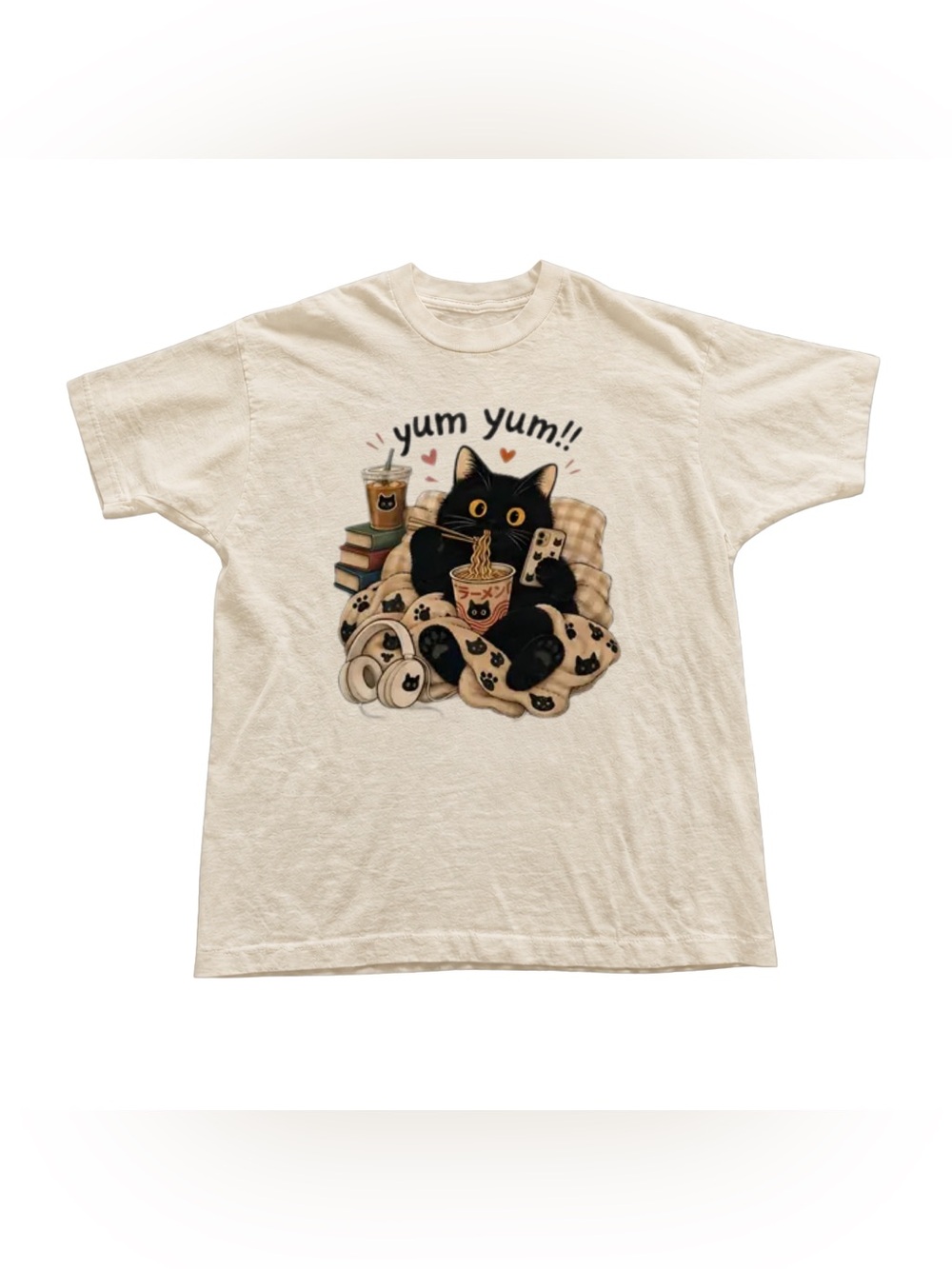 Off White Graphic Tee with Black Cat 'Yum Yum' Print